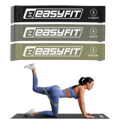 Набор фитнес-резинок для ног EasyFit MonoBand (3 шт), Сопротивление 5-15 кг, Длина 60 см, Ширина 5 см, Серый, Черный, Зеленый