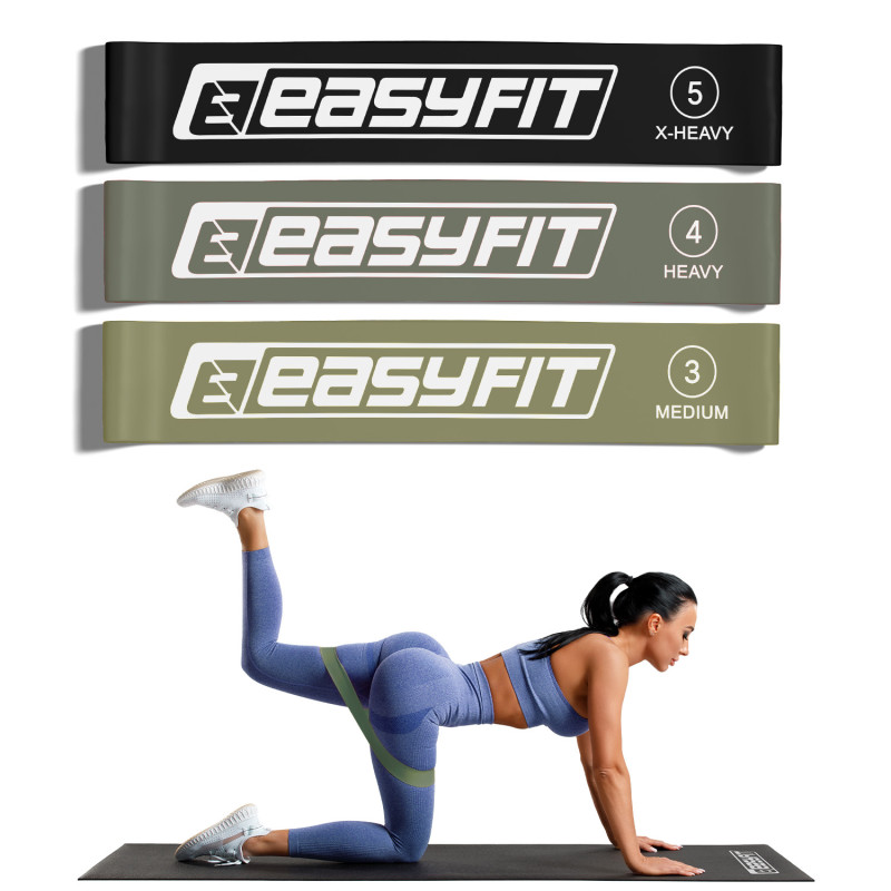 Резиновые кольца для фитнеса EasyFit MonoBand, Набор 3 шт, Сопротивление 5-15 кг, Длина 60 см, Ширина 5 см, Серый, Черный, Зеленый