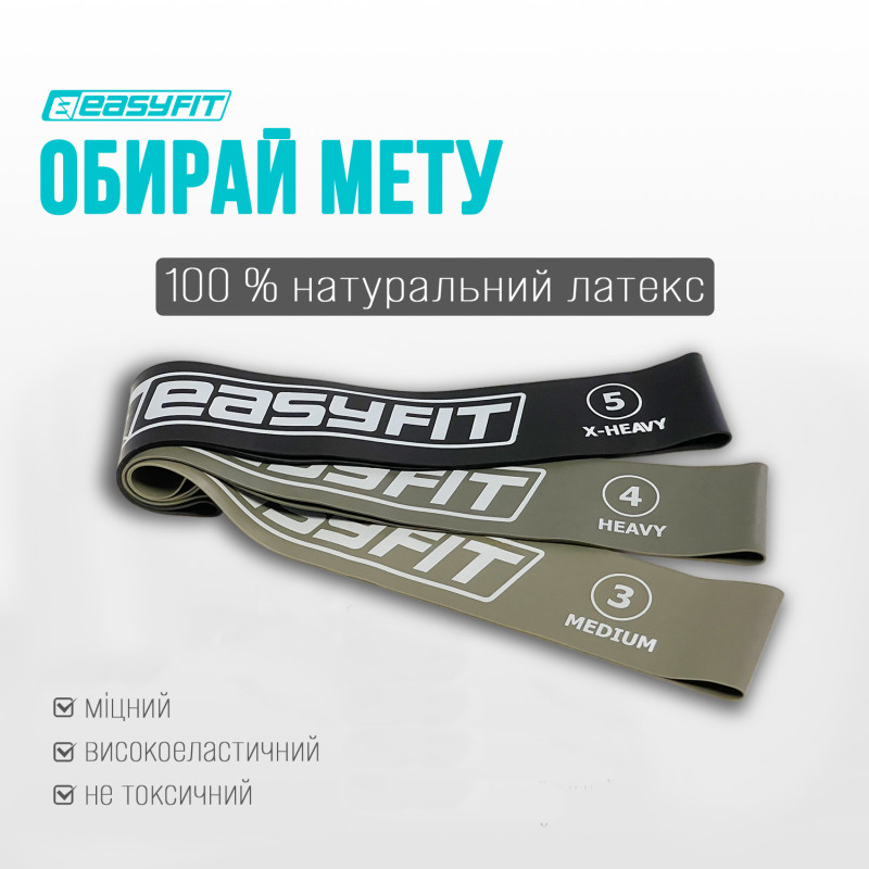 Резиновые кольца для фитнеса EasyFit MonoBand, Набор 3 шт, Сопротивление 5-15 кг, Длина 60 см, Ширина 5 см, Серый, Черный, Зеленый