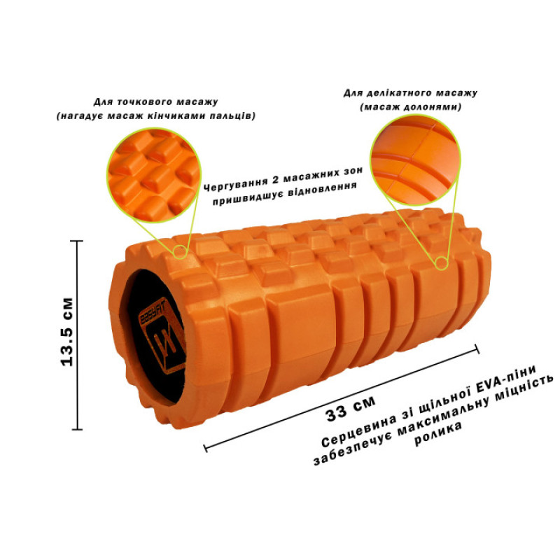 Массажный ролик EasyFit Solid Roller v.1.1s, Длина 33 см, Диаметр 13,5 см, EVA-пена, Оранжевый