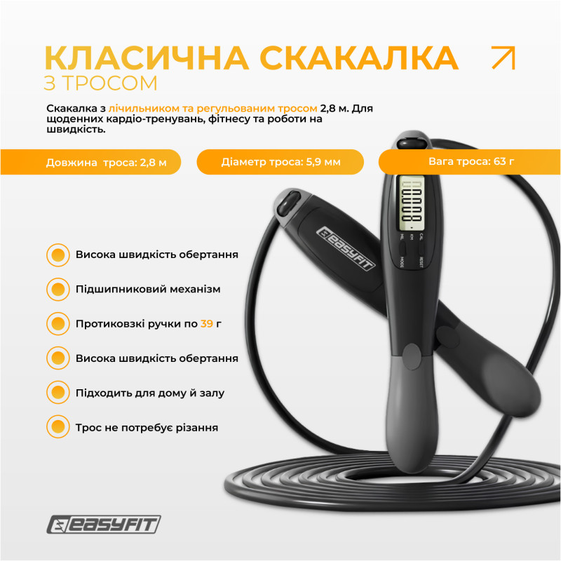 Скакалка с счетчиком EasyFit TwinRope скоростная 2,8 м черный-серый