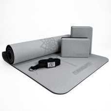 Набор для йоги и фитнеса EasyFit Polarity Set PRO (Stone): Состав набора: коврик, два блока и ремень, Черно-серый