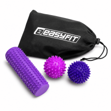  МФР набор для массажа EasyFit PVC Set-2: массажный цилиндр (15х5 см), жесткий массажный мяч (7,5 см) и мягкий массажный мяч (надувной 7,5 см), фиолетовый, для фитнеса, реабилитации и релаксации мышц