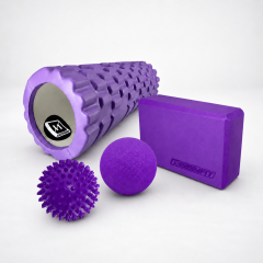 Набір для йоги: Масажний ролик (валик) EasyFit Grid Roller Mini, довжина 30 см, діаметр 10 см + Блок для йоги EasyFit EVA 23х15,5 + Масажний м'ячик EasyFit TPR 6 см + Масажний м'ячик EasyFit PVC 9 см жорсткий