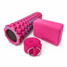 Набор для йоги: Массажный ролик EasyFit Plexus, длина 45 см, диаметр 12 см, EVA-пена с массажной поверхностью 3D + Блок для йоги EasyFit EVA + Ремень для йоги