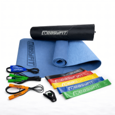 Набір для фітнесу EasyFit: Двошаровий килимок з чохлом, 183x61 см, товщина 6 мм, TPE/TC + Гумові петлі-еспандер 3 шт, Опір 4-60 кг, Довжина 300 см, Товщина 6, 8, 10 мм + Гумові кільця 5 шт, Опір 2,5-18 кг, Довжина 60 см, Ширина 5 см