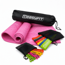 Набор для фитнеса EasyFit: Premium Mat коврик с чехлом, 183x61 см, толщина 8 мм, PER + Двухслойные резинки Premium 4 шт, сопротивление 2-45 кг, латекс + Резиновые кольца 7 шт, Сопротивление 2,5-30 кг, латекс