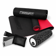 Набор для фитнеса EasyFit: Двухслойный коврик с чехлом, 183x61 см, толщина 6 мм, TPE/TC + Массажный ролик Grid Roller v.3.1, Длина 60 см, Диаметр 14 см, пластик, EVA + Тканевые резинки 3 шт, Длина 76 см, Ширина 8 см, Хлопок с териленом