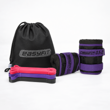 Набір для комплексних тренувань EasyFit "Ритм тіла 2в1". Склад набору: гумові петлі EasyFit (3в1), опір 2-45 кг + набірні обтяжувачі для ніг і рук EasyFit (вага 0,5-2,5 кг), Фіолетовий