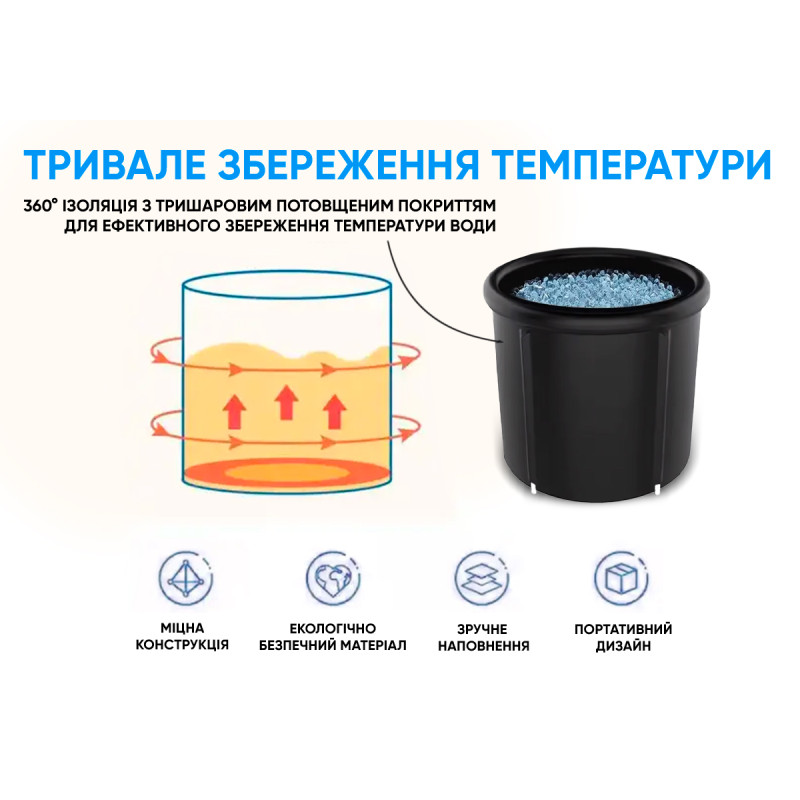 Каркасная ледяная крио-ванна EasyFit (круглый бассейн для оздоровления), Объем 375 л, Размер 75х80 см, Вес 3,1 кг, Черный