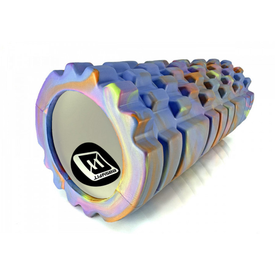 Массажный ролик (валик) EasyFit Grid Roller v.1.1 Multi , Длина 33 см, Диаметр 14 см, Каркас из высокопрочного пластика, Пена EVA с массажной поверхностью 3D, для МФР, фитнеса, йоги и реабилитации, Сине-цветной