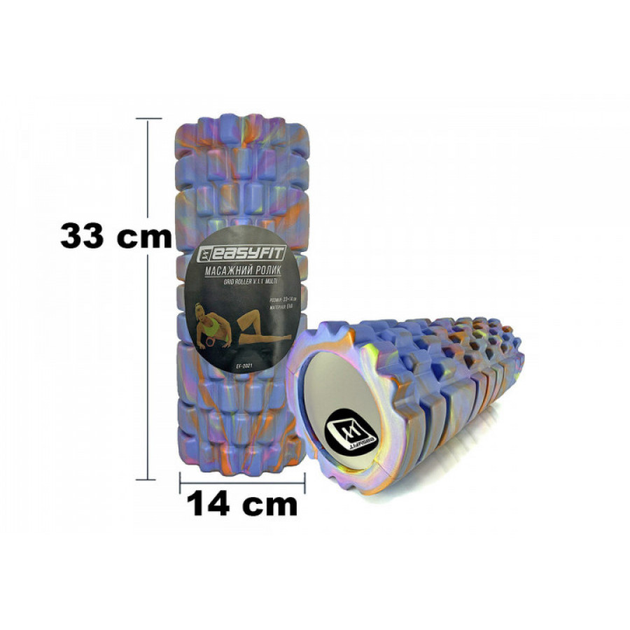 Массажный ролик (валик) EasyFit Grid Roller v.1.1 Multi , Длина 33 см, Диаметр 14 см, Каркас из высокопрочного пластика, Пена EVA с массажной поверхностью 3D, для МФР, фитнеса, йоги и реабилитации, Сине-цветной