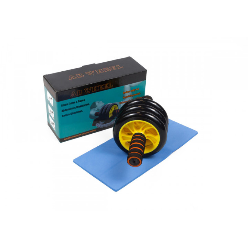 Ролик для пресу потрійний EasyFit з килимком, Діаметр 14 см, Ширина 27 см, Сталь, Пластик, Неопрен, Жовтий 