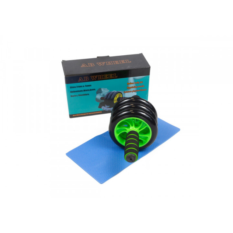 Ролик для преса потрійний EasyFit з килимком, Діаметр 14 см, Ширина 27 см, Сталь, Пластик, Неопрен, Зелений 