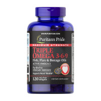 Омега-3, Maximum Strength Triple Omega 3-6-9 Fish, Flax & Borage Oils, Puritan's Pride, 120 капсул