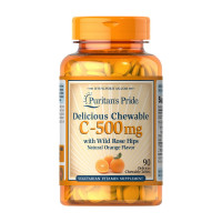 Витамины, Chewable Vitamin C-500 mg with Wild Rose Hips, Puritan's Pride, 90 жевательных таблеток (Апельсин)